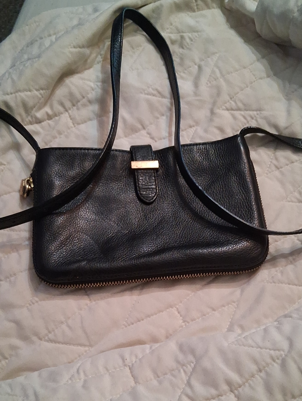 Tory Burch Black Pebbled Leather Zip Crossbody with Gold Accent